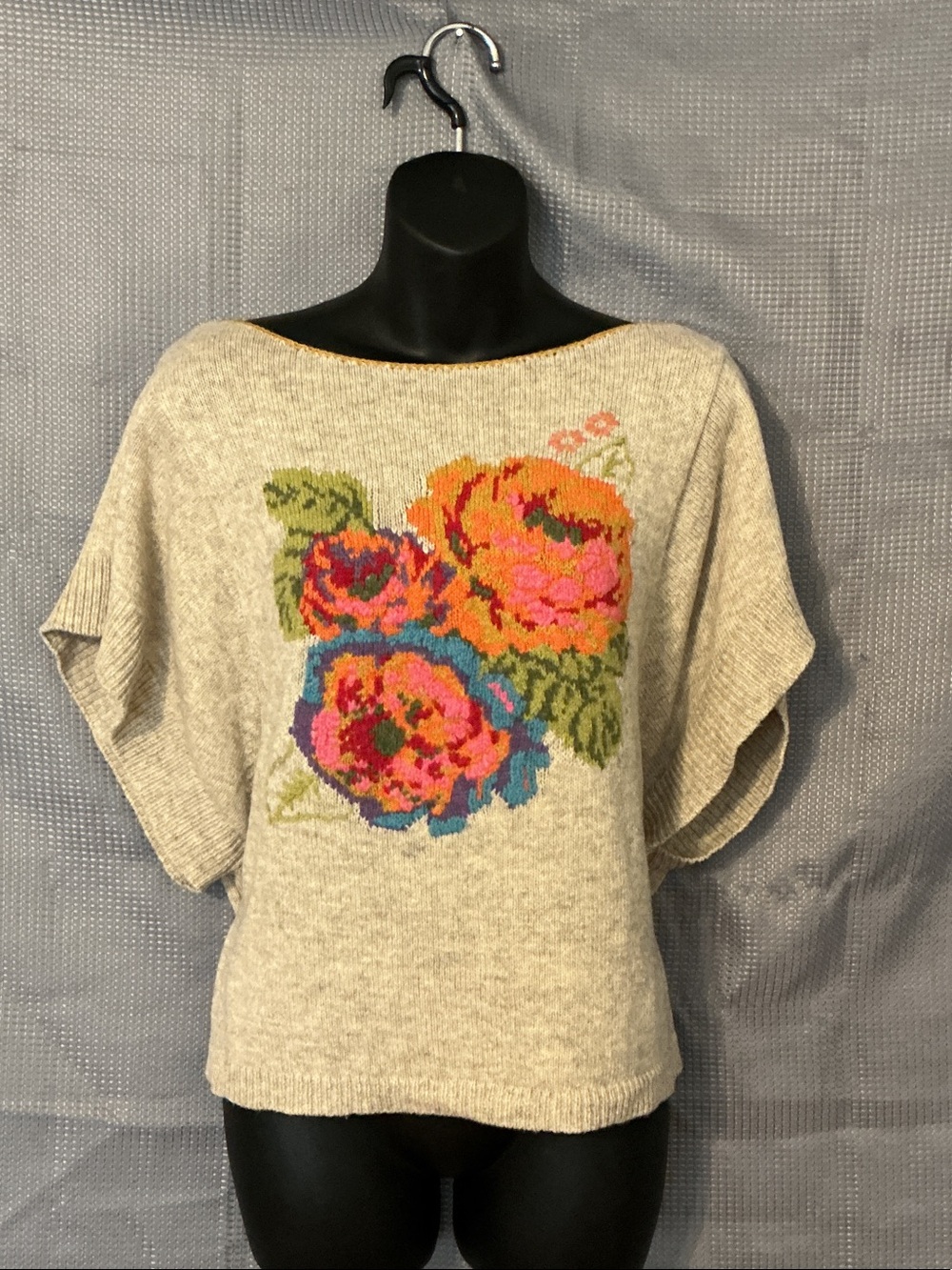 Anthropologie Cream Sweater Top with Multicolor Floral Motif